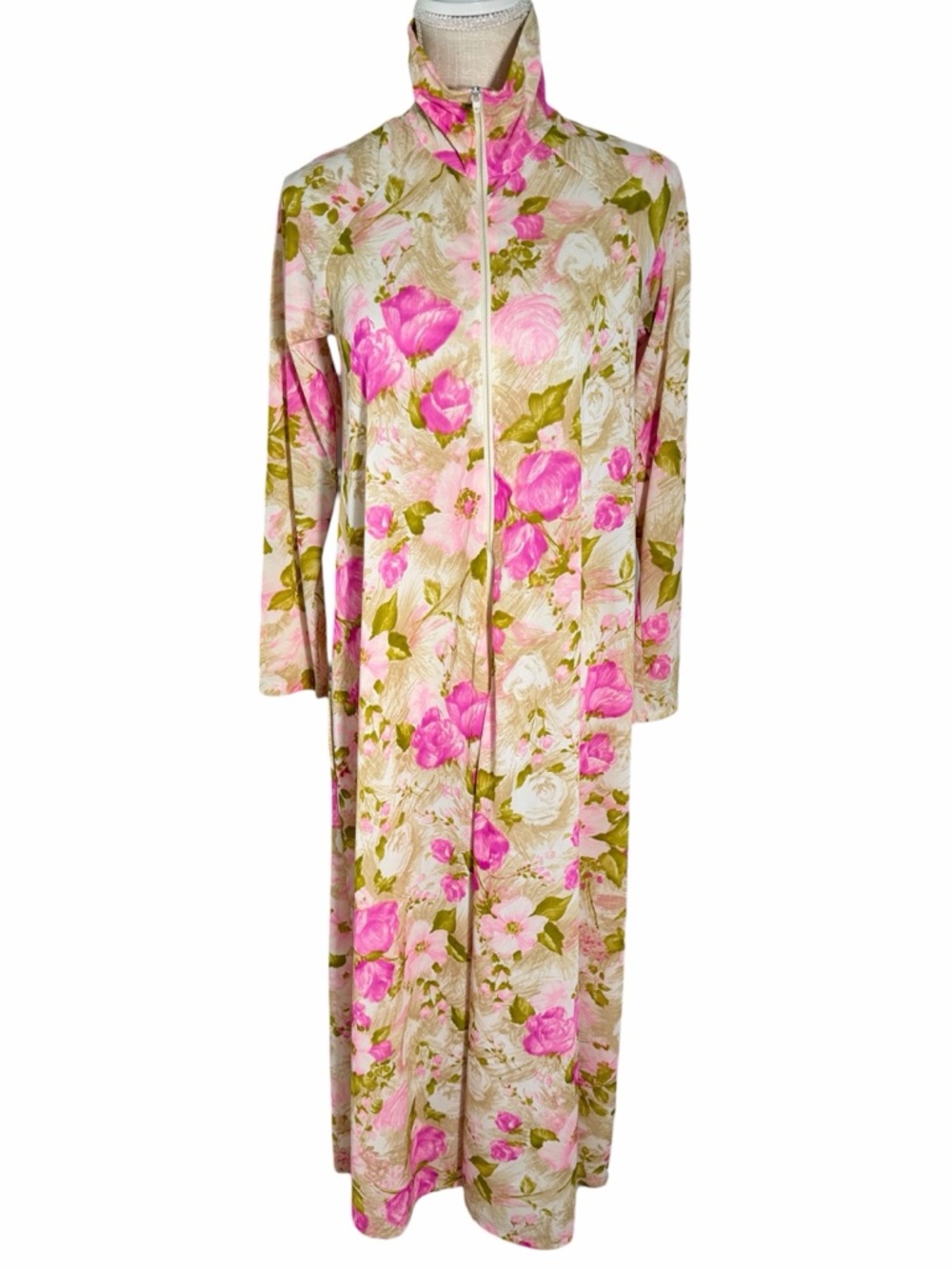 Elaine Sklar Vintage 70's Pink Flower Power Long Sleeve Caftan Dress Robe
